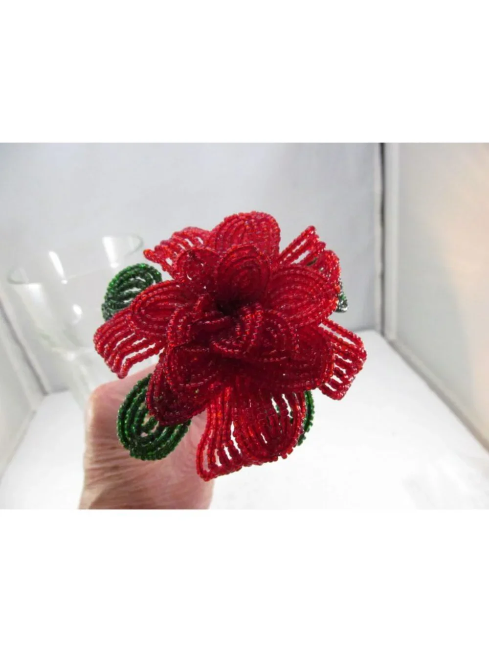 Handcrafted Red & Green French Beaded Flower with Stem Home Decor Gift 11 inch